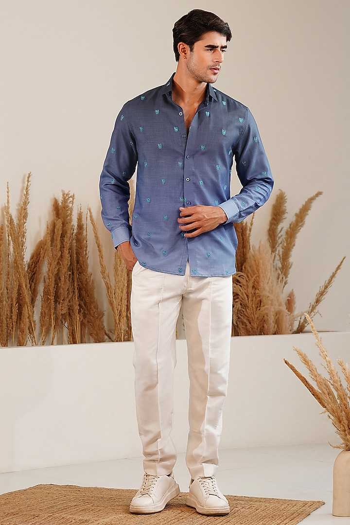 Dark Blue Linen Embroidered Shirt by Eleven Brothers