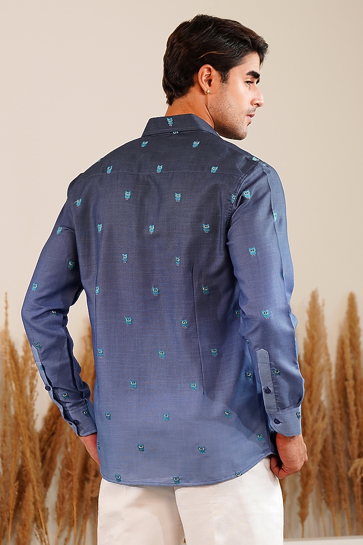 Dark Blue Linen Embroidered Summer Shirt by Eleven Brothers at Pernia's Pop Up Shop