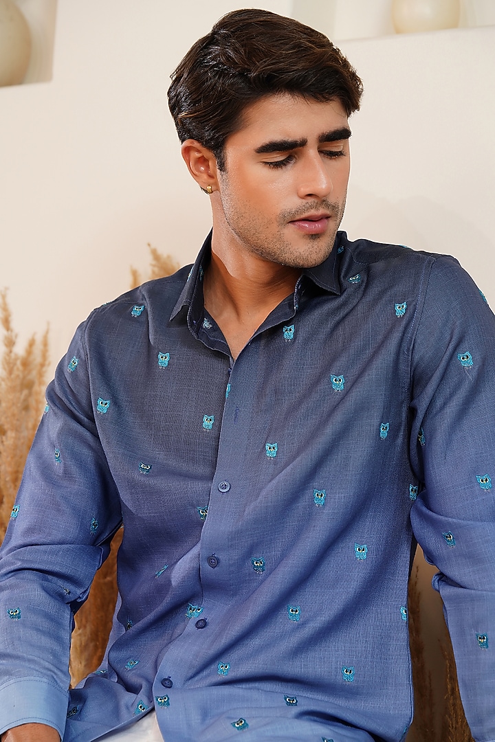 Dark Blue Linen Embroidered Summer Shirt by Eleven Brothers at Pernia's Pop Up Shop