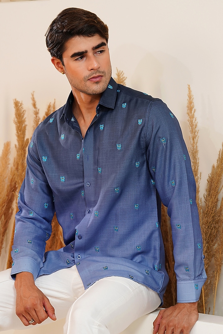 Dark Blue Linen Embroidered Summer Shirt by Eleven Brothers at Pernia's Pop Up Shop