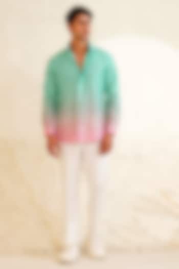 Turquoise Linen Embroidered Shirt by Eleven Brothers