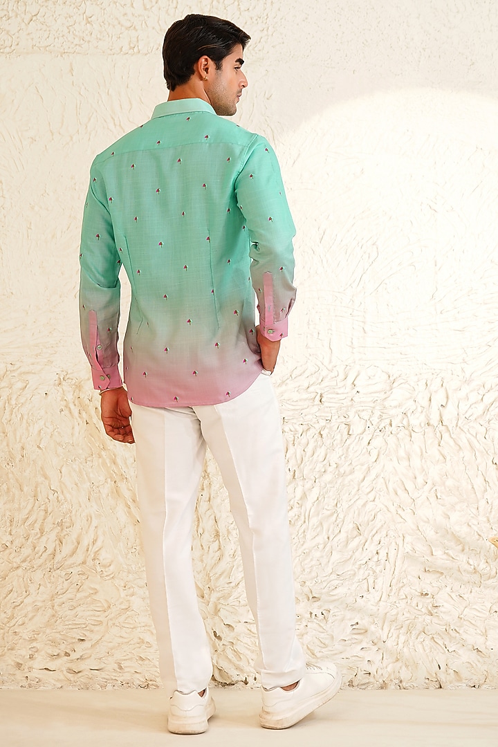 Turquoise Linen Embroidered Summer Shirt by Eleven Brothers at Pernia's Pop Up Shop