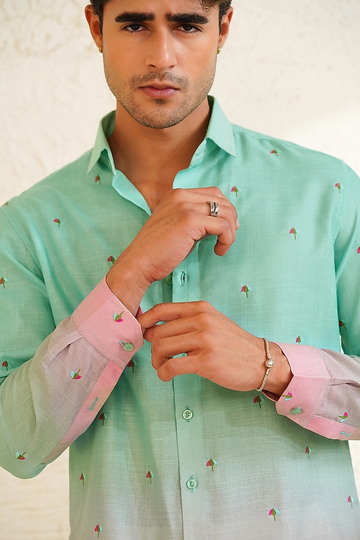 Turquoise Linen Embroidered Summer Shirt by Eleven Brothers at Pernia's Pop Up Shop