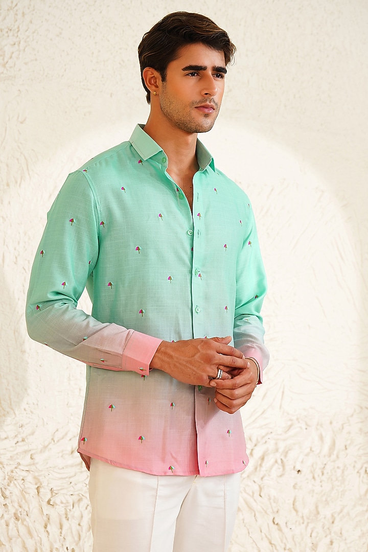 Turquoise Linen Embroidered Summer Shirt by Eleven Brothers at Pernia's Pop Up Shop
