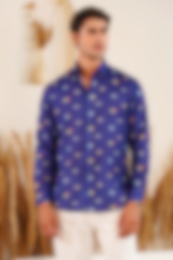 Dark Blue Linen Printed Shirt by Eleven Brothers