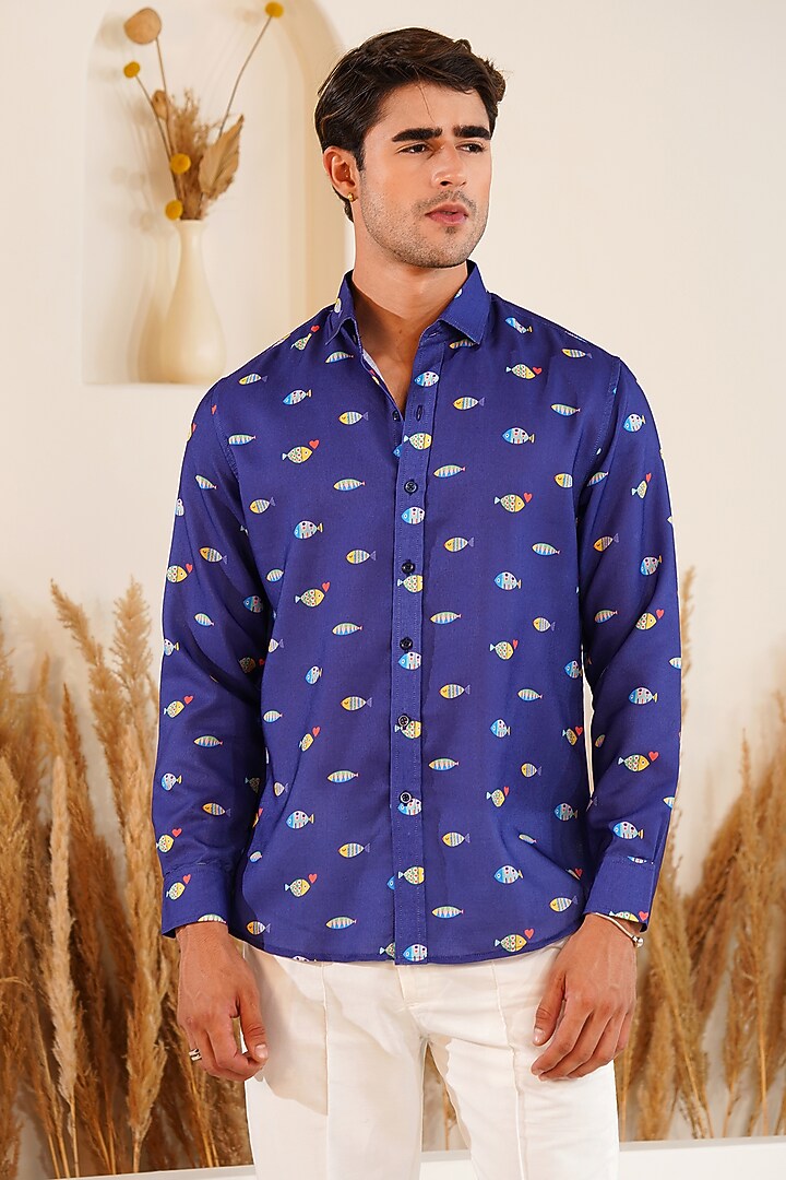 Dark Blue Linen Printed Shirt by Eleven Brothers