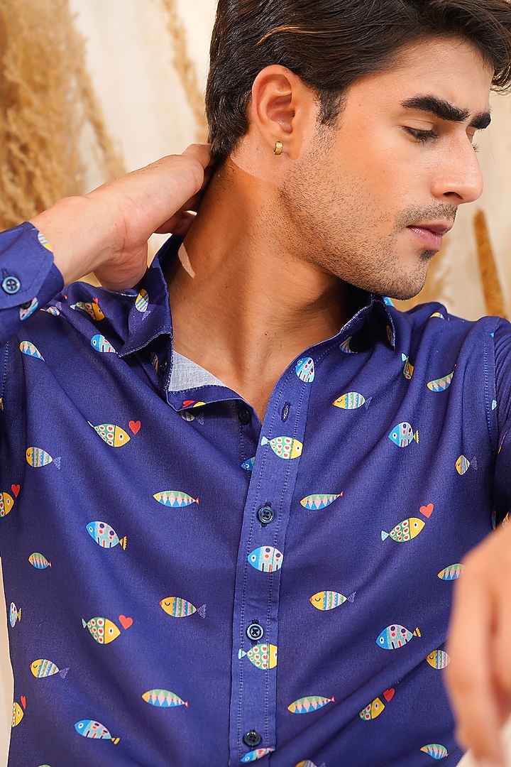Dark Blue Linen Printed Summer Shirt by Eleven Brothers at Pernia's Pop Up Shop