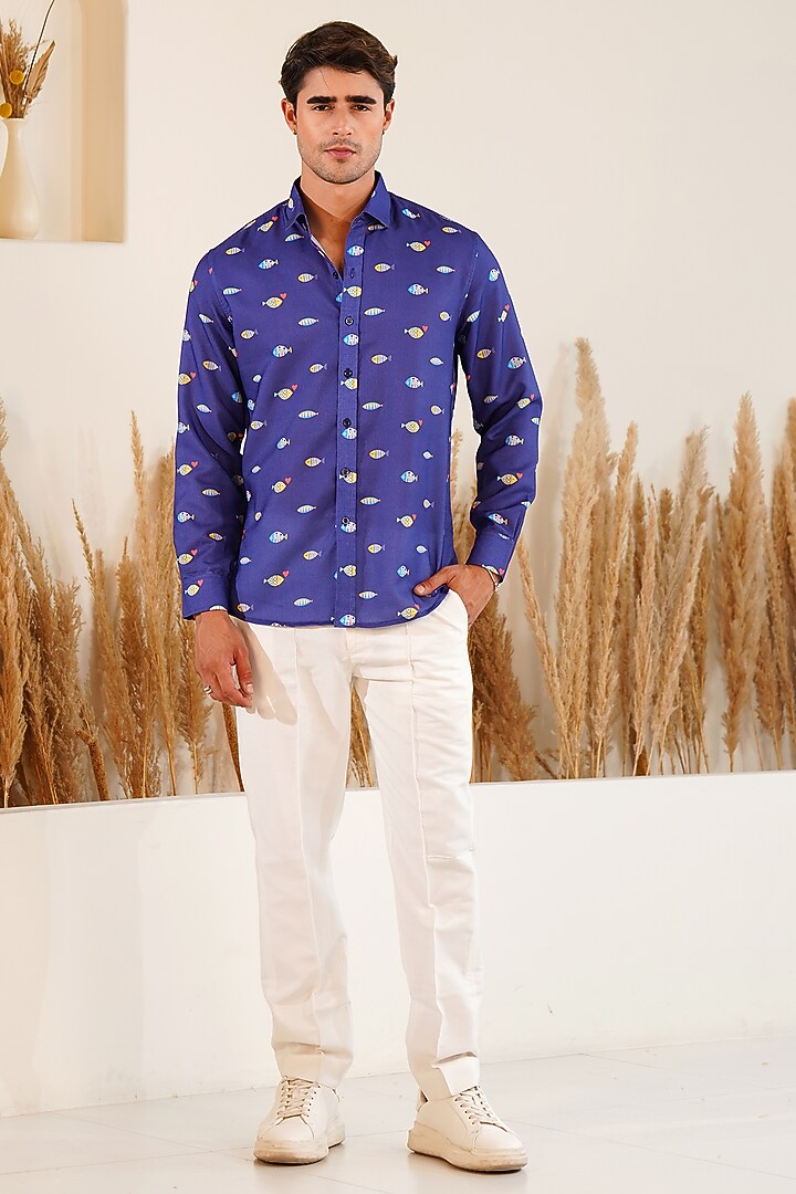 Dark Blue Linen Printed Summer Shirt by Eleven Brothers at Pernia's Pop Up Shop