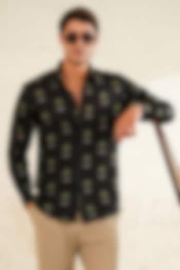 Black Linen Printed Shirt by Eleven Brothers