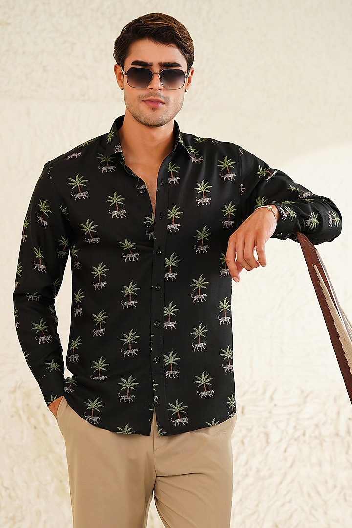 Black Linen Printed Shirt by Eleven Brothers