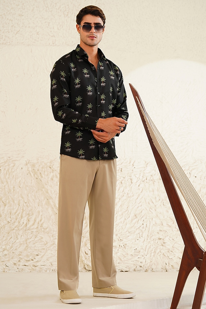 Black Linen Printed Summer Shirt by Eleven Brothers at Pernia's Pop Up Shop