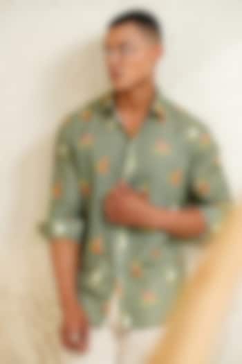 Green Linen Printed Shirt by Eleven Brothers
