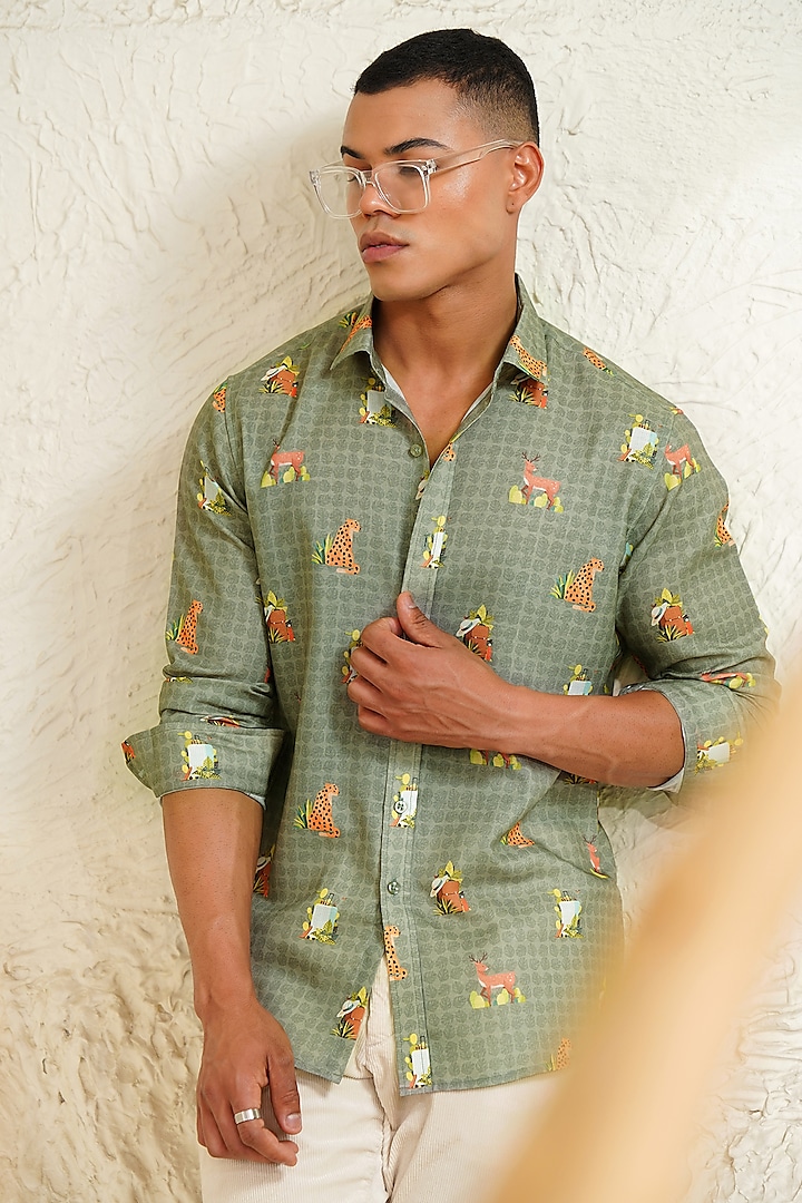Green Linen Printed Shirt by Eleven Brothers