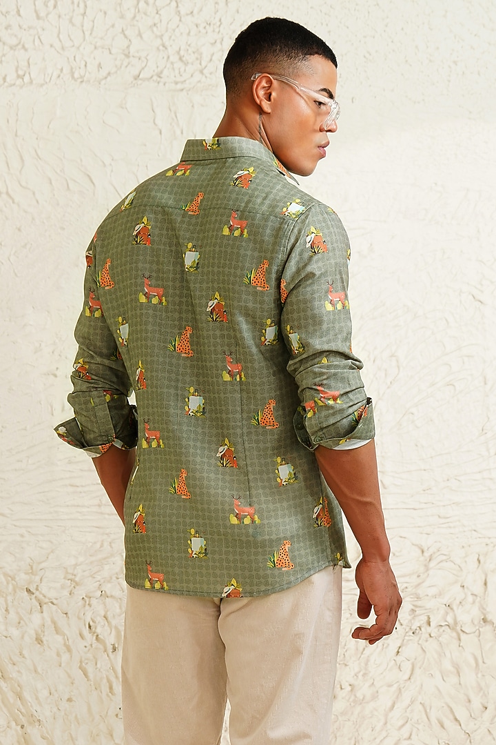 Green Linen Printed Summer Shirt by Eleven Brothers at Pernia's Pop Up Shop