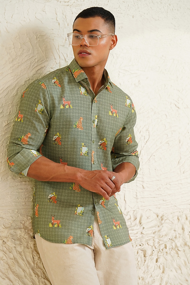 Green Linen Printed Summer Shirt by Eleven Brothers at Pernia's Pop Up Shop