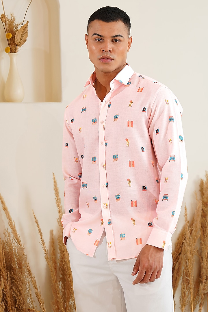 Pink Linen Printed Shirt by Eleven Brothers