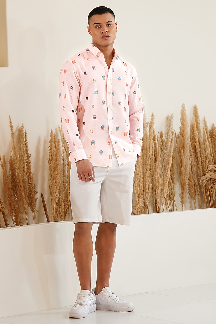 Pink Linen Printed Summer Shirt by Eleven Brothers at Pernia's Pop Up Shop