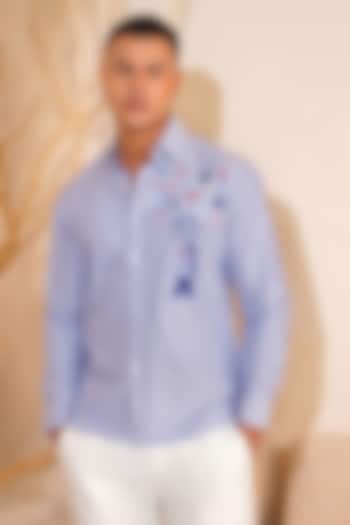 Blue Oxford Cotton Printed Shirt by Eleven Brothers