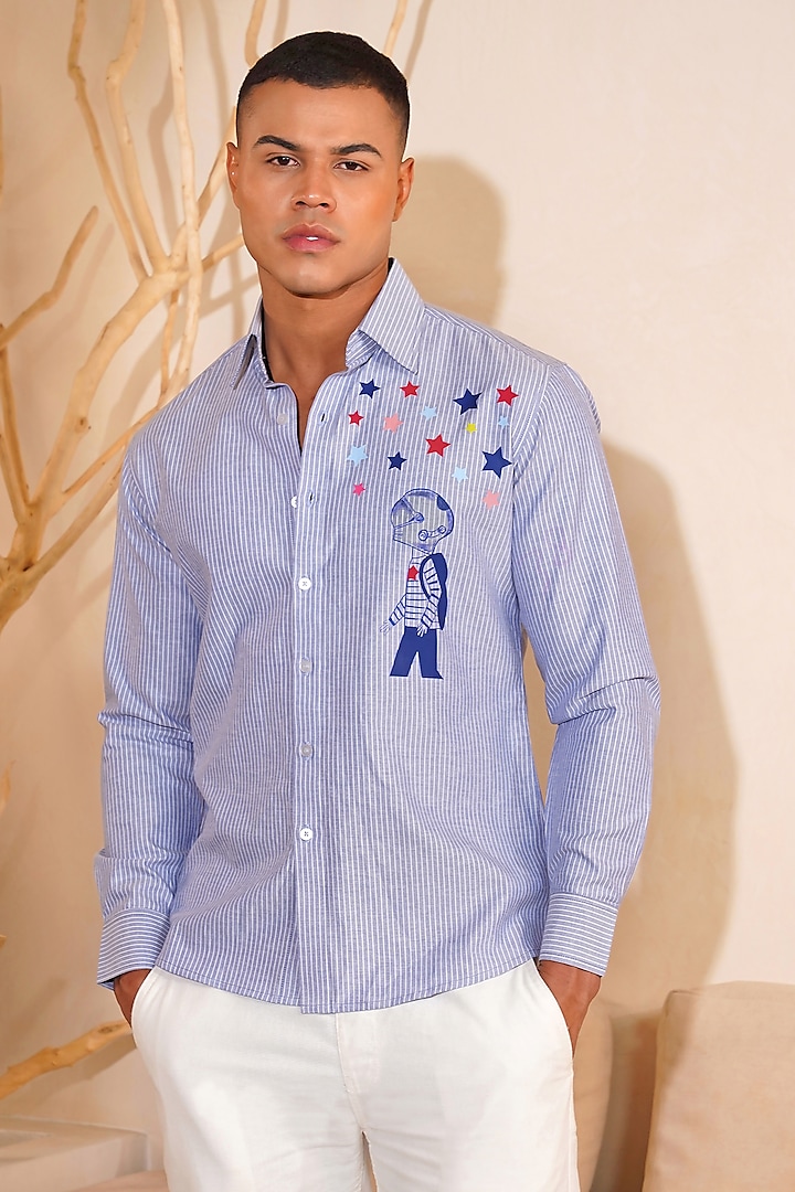 Blue Oxford Cotton Printed Shirt by Eleven Brothers