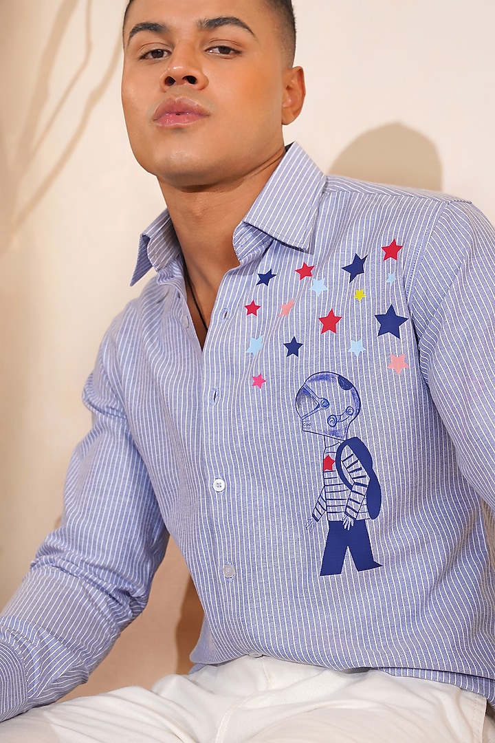 Blue Oxford Cotton Printed Summer Shirt by Eleven Brothers at Pernia's Pop Up Shop