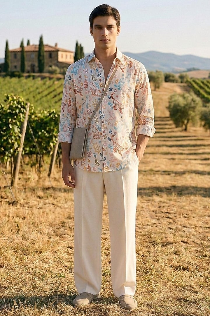 White Linen Printed Summer Shirt by Eleven Brothers at Pernia's Pop Up Shop