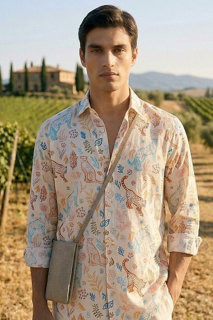 White Linen Printed Summer Shirt by Eleven Brothers at Pernia's Pop Up Shop