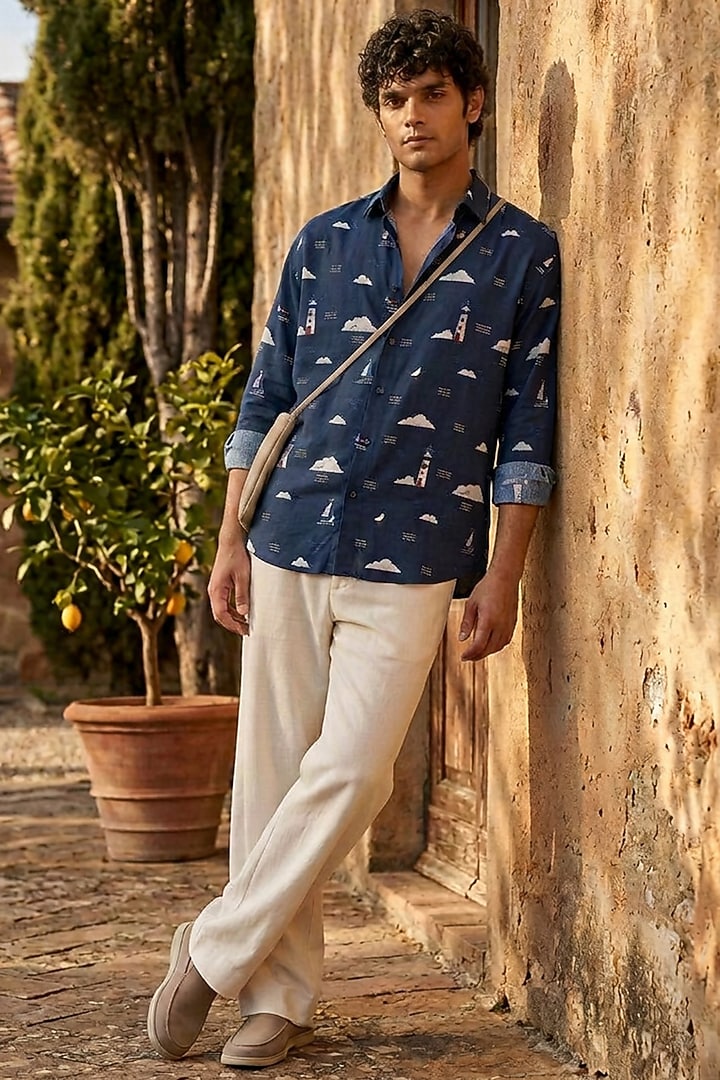 Blue Cotton Printed Summer Shirt by Eleven Brothers at Pernia's Pop Up Shop