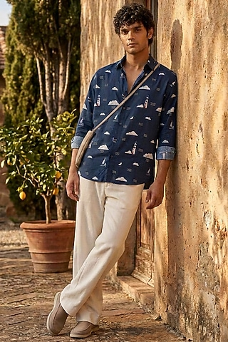 Blue Cotton Printed Shirt by Eleven Brothers