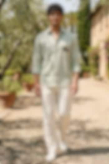Green Cotton Embroidered Summer Shirt by Eleven Brothers at Pernia's Pop Up Shop