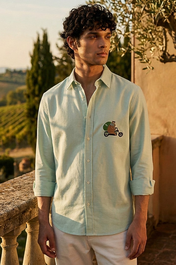 Green Cotton Embroidered Summer Shirt by Eleven Brothers at Pernia's Pop Up Shop