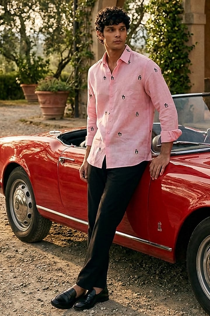 Pink Linen Embroidered Summer Shirt by Eleven Brothers at Pernia's Pop Up Shop