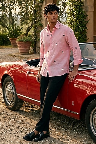Pink Linen Embroidered Shirt by Eleven Brothers