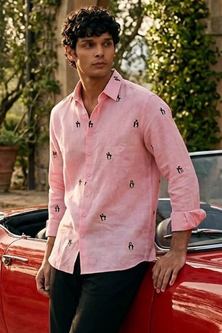 Pink Linen Embroidered Summer Shirt by Eleven Brothers at Pernia's Pop Up Shop