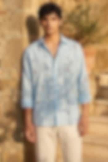 Blue Linen Embroidered Summer Shirt by Eleven Brothers at Pernia's Pop Up Shop
