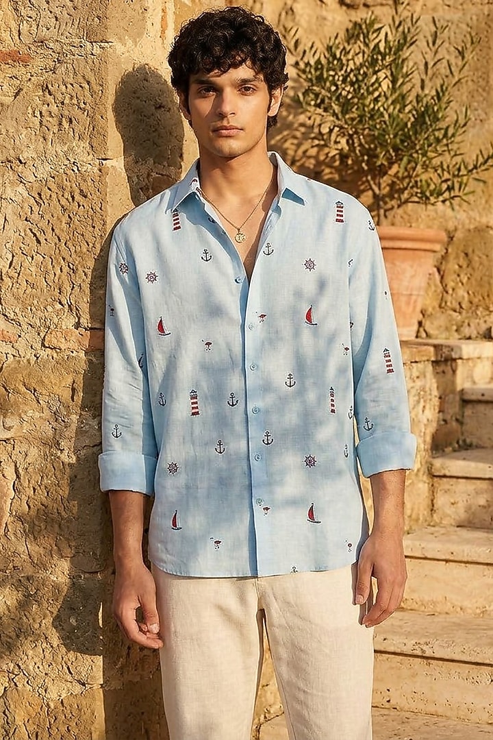 Blue Linen Embroidered Summer Shirt by Eleven Brothers at Pernia's Pop Up Shop