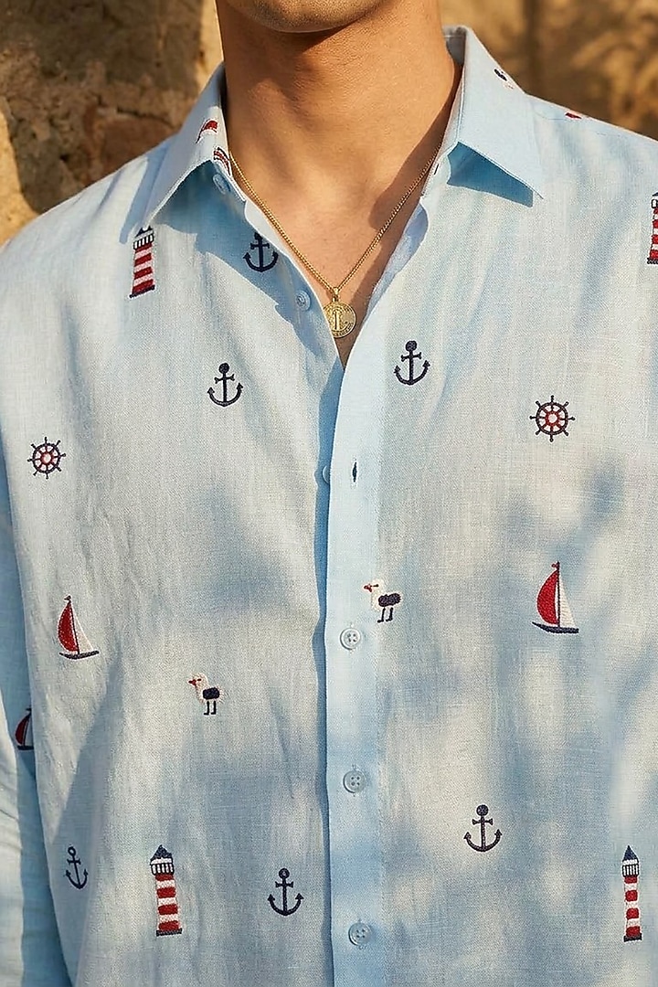 Blue Linen Embroidered Summer Shirt by Eleven Brothers at Pernia's Pop Up Shop
