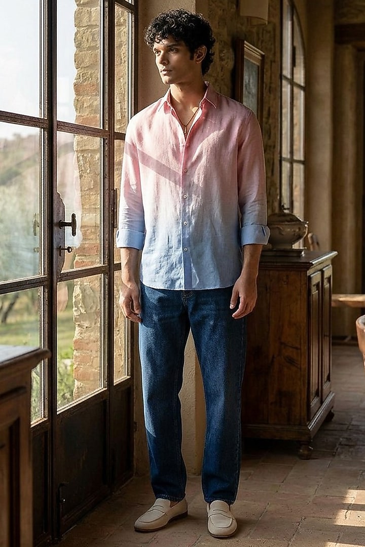 Pink Linen Printed Summer Shirt by Eleven Brothers at Pernia's Pop Up Shop