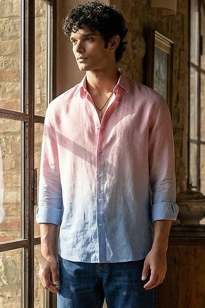 Pink Linen Printed Summer Shirt by Eleven Brothers at Pernia's Pop Up Shop