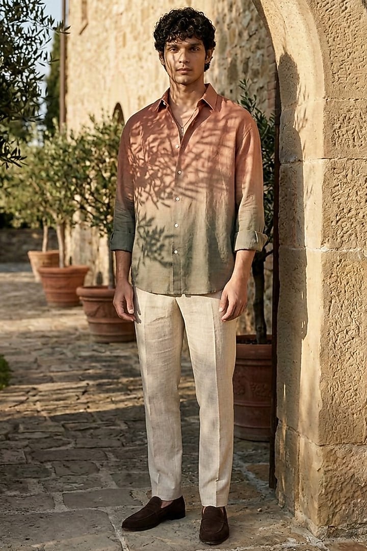 Brown Linen Printed Summer Shirt by Eleven Brothers at Pernia's Pop Up Shop