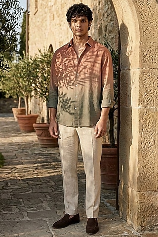 Brown Linen Printed Shirt by Eleven Brothers
