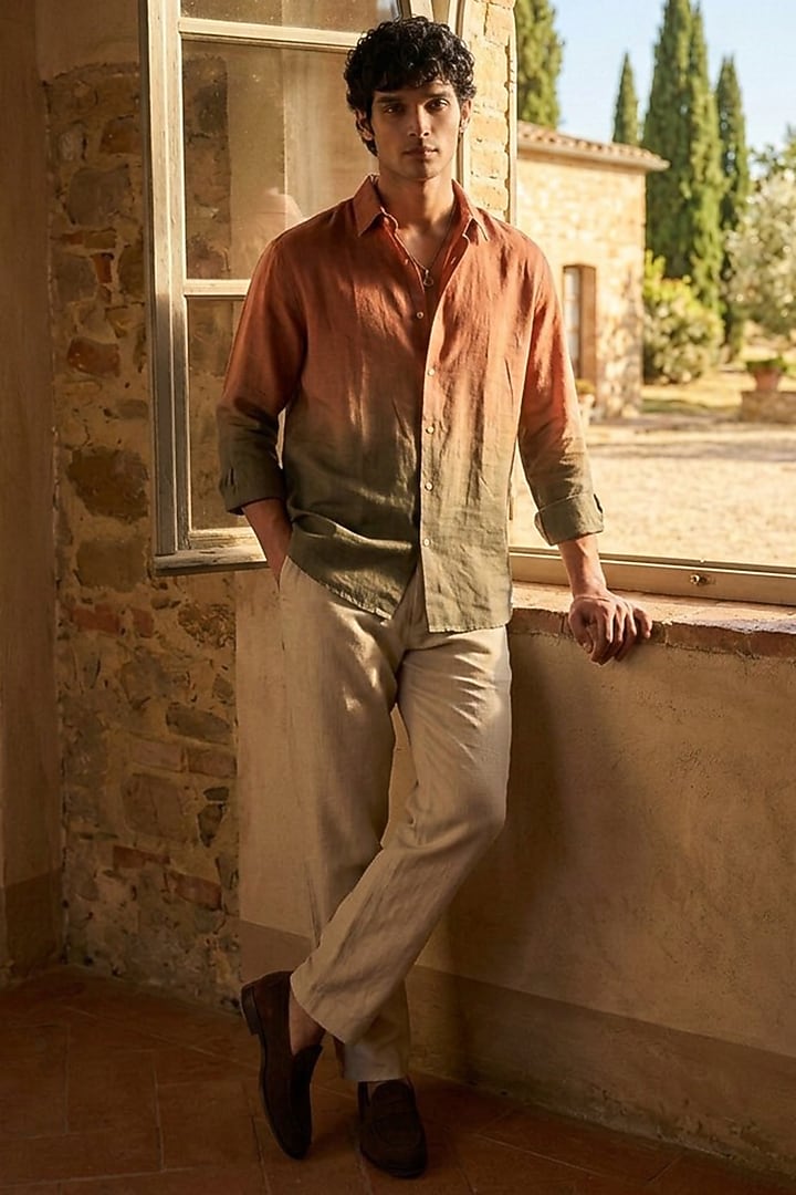 Brown Linen Printed Summer Shirt by Eleven Brothers at Pernia's Pop Up Shop