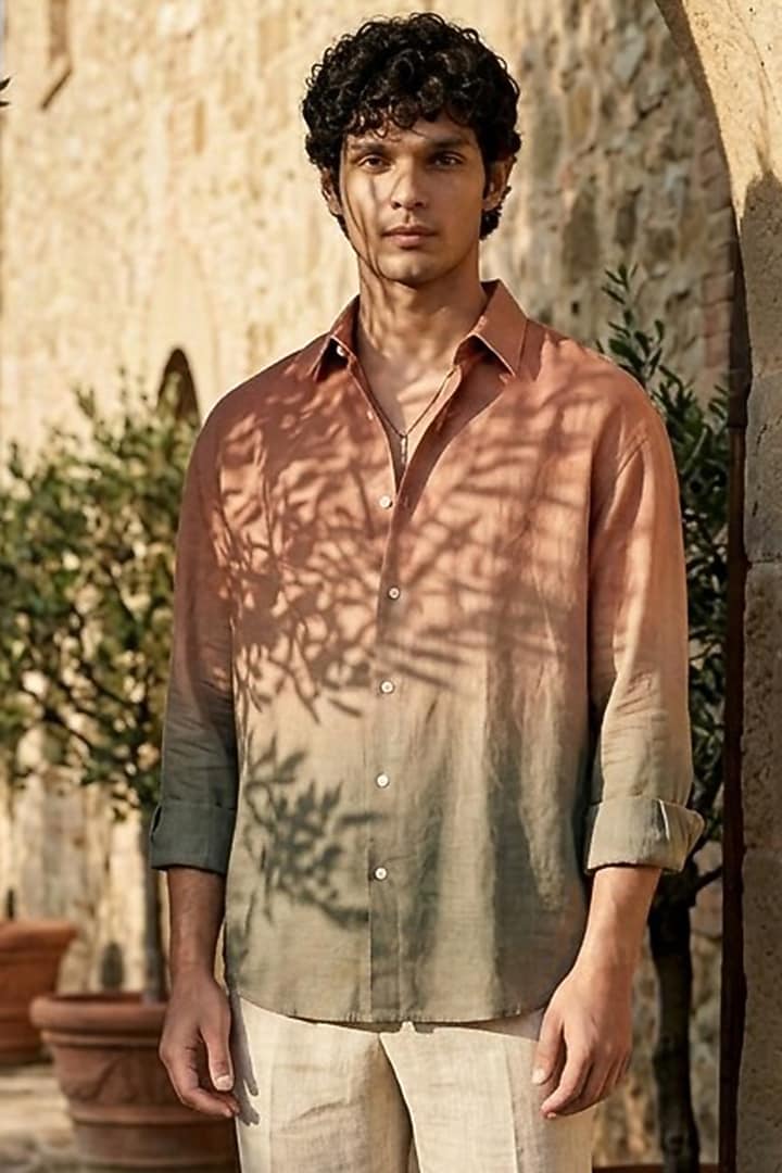 Brown Linen Printed Summer Shirt by Eleven Brothers at Pernia's Pop Up Shop