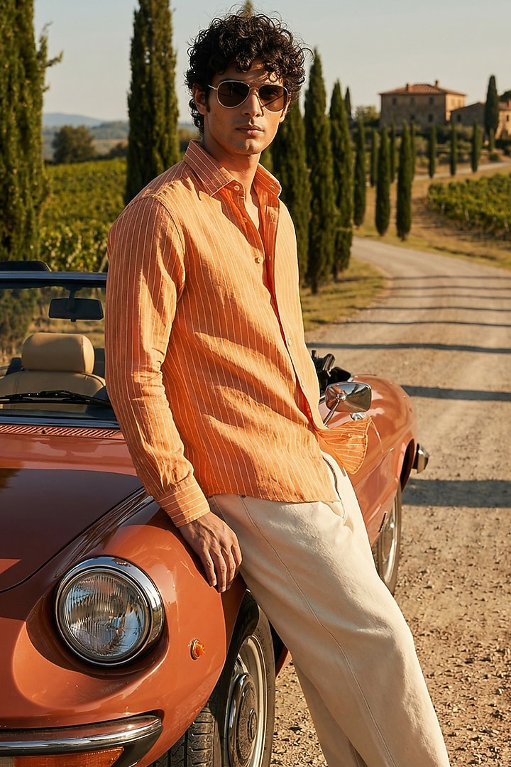 Orange Linen Printed Summer Shirt by Eleven Brothers at Pernia's Pop Up Shop