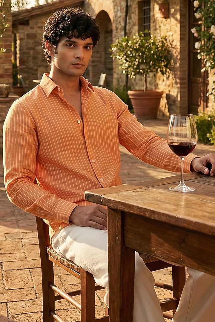 Orange Linen Printed Summer Shirt by Eleven Brothers at Pernia's Pop Up Shop