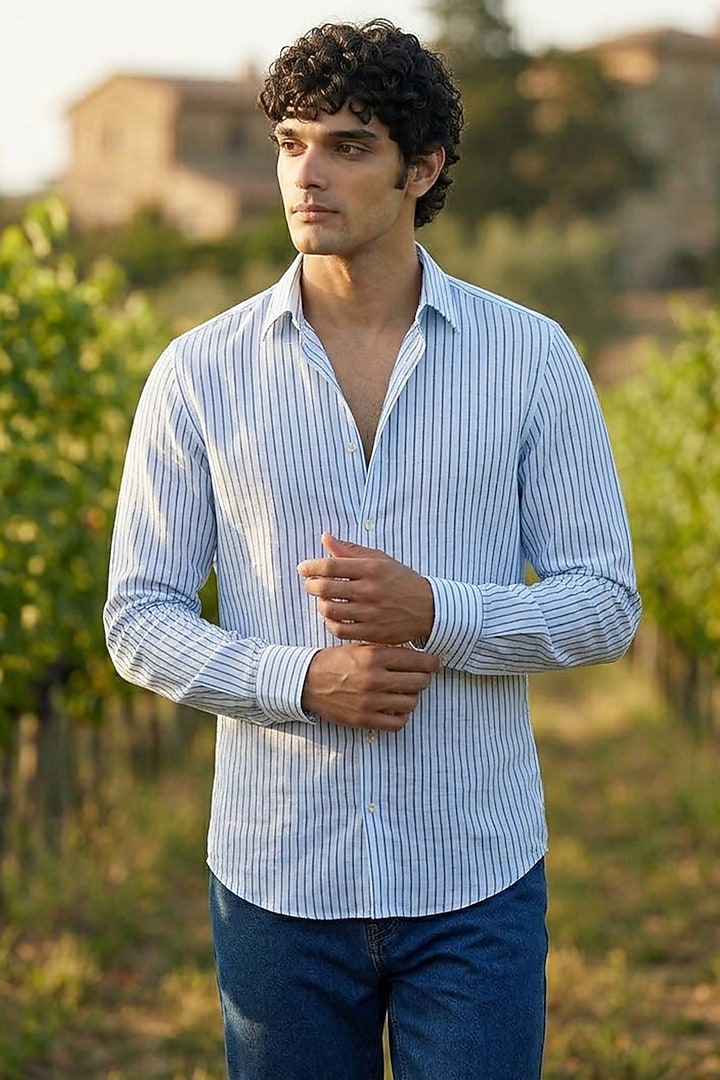 White Linen Printed Summer Shirt by Eleven Brothers at Pernia's Pop Up Shop