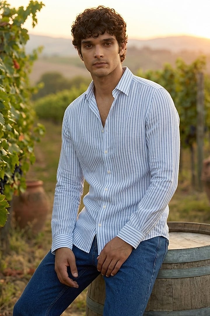 White Linen Printed Summer Shirt by Eleven Brothers at Pernia's Pop Up Shop