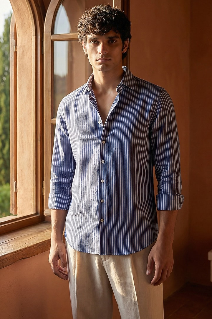Blue Linen Printed Summer Shirt by Eleven Brothers at Pernia's Pop Up Shop