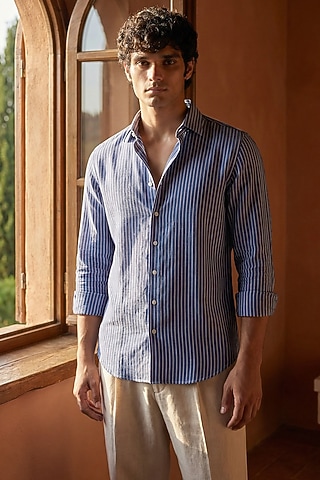 Blue Linen Printed Shirt by Eleven Brothers
