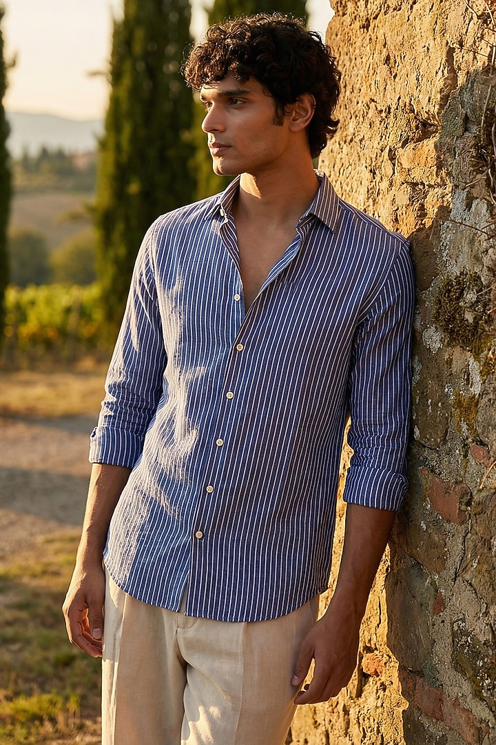 Blue Linen Printed Summer Shirt by Eleven Brothers at Pernia's Pop Up Shop