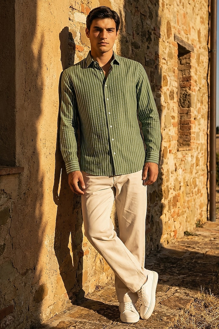 Green Linen Printed Summer Shirt by Eleven Brothers at Pernia's Pop Up Shop